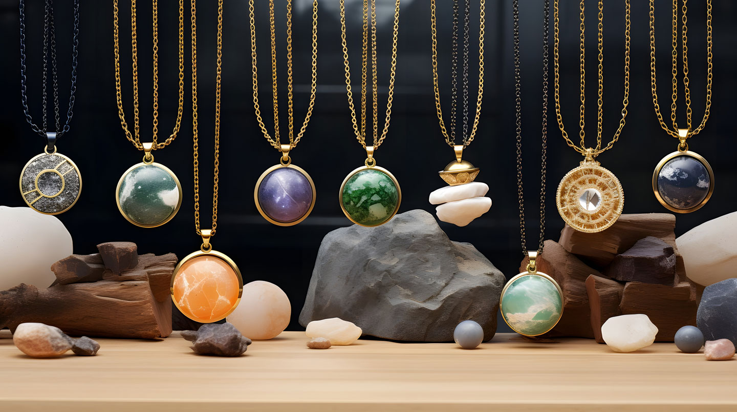 Gros plan sur quatre bagues en pierre naturelle (améthyste, quartz rose, labradorite, citrine) disposées sur une table en bois
