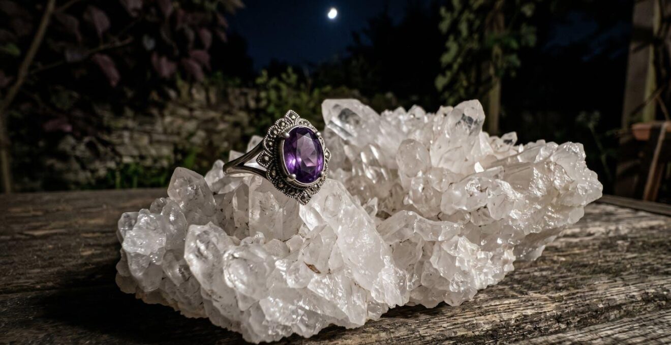 Femme assise en tailleur, portant une bague en pierre violette, les mains posées sur ses genoux, atmosphère apaisante