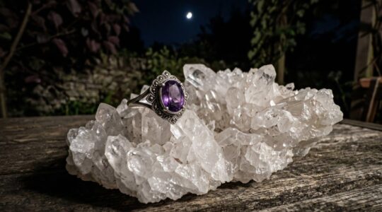 Femme assise en tailleur, portant une bague en pierre violette, les mains posées sur ses genoux, atmosphère apaisante